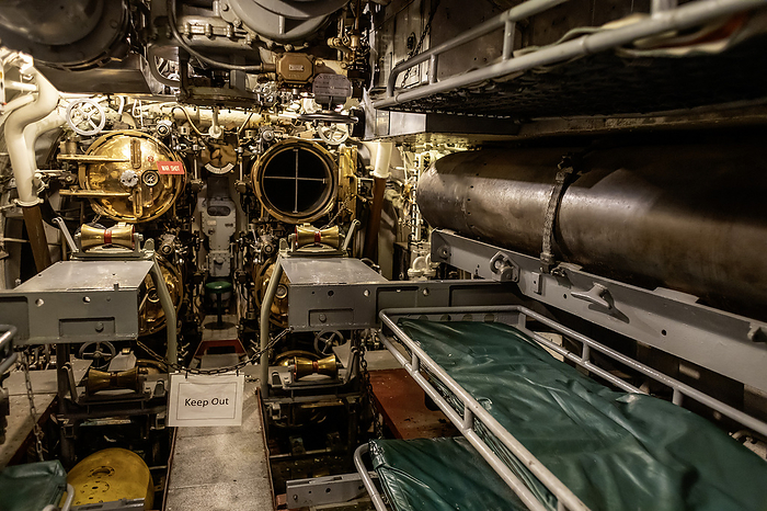 Forward torpedo room on submarine Forward torpedo room on the USS Silversides, a World War II Gato class submarine. Crew bunks are located next to torpedoes. Photographed at the USS Silversides Submarine Museum in Muskegon, Michigan, USA., by JIM WEST SCIENCE PHOTO LIBRARY