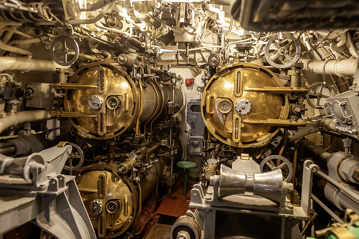 Aft torpedo room on submarine Aft torpedo room on the USS Silversides, a World War II Gato class submarine. Crew bunks are located next to torpedoes. Photographed at the USS Silversides Submarine Museum in Muskegon, Michigan, USA., by JIM WEST SCIENCE PHOTO LIBRARY