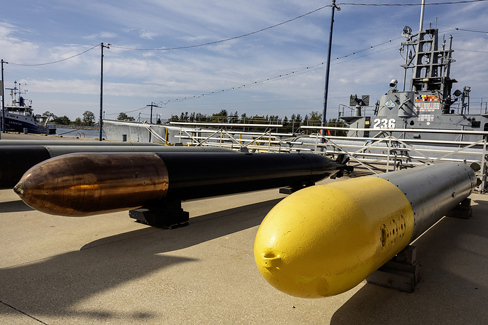 Torpedoes on outside submarine museum Torpedoes on display outside the USS Silversides Submarine Museum in Muskegon, Michigan, USA., by JIM WEST SCIENCE PHOTO LIBRARY