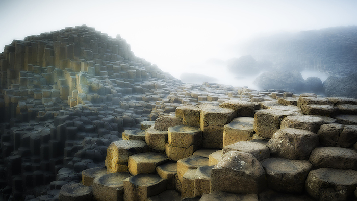 Giant s Causeway, Northern Ireland, UK Giant s Causeway at sunset in County Atrim, Northern Ireland, UK. This large stretch of 40,000 black basalt columns is the result of cooled lava from volcanic eruptions that took place over 5o million years ago., by JEREMY WALKER SCIENCE PHOTO LIBRARY