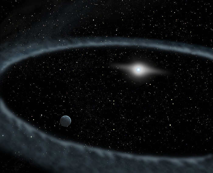 Fomalhaut dust ring, illustration Illustration of the dust ring around the star Fomalhaut. Within the dust ring is the candidate exoplanet Fomalhaut b. Fomalhaut is located approximately 25 light years away in the constellation of Piscis Austrinus. The ring of dust is around 23 billion kilometres from the star and may be an area of planet formation., by NASA, ESA and A. Feild  STScI  SCIENCE PHOTO LIBRARY