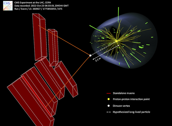Decay event observed in long lived particle search, CMS experiment Collision event was recorded at 13.6 TeV by the CMS  Compact Muon Solenoid  experiment at the Large Hadron Collider in CERN  European Laboratory for Particle Physics . The event featured a candidate for a long lived particle that decays into a pair of muons. The muon tracks, depicted by red lines, were detected only in the muon system and used to calculate a common vertex, indicated by the white circle. This vertex is hypothesised to be the decay point of the long lived particle, whose trajectory is shown as a white dashed line. The common vertex is 2.1 meters away from the proton proton collision point, shown as a yellow circle. Dark photons are long lived and  exotic  particles that are not a part of the Standard Model of particle physics., by Photographer CERN SCIENCE PHOTO LIBRARY