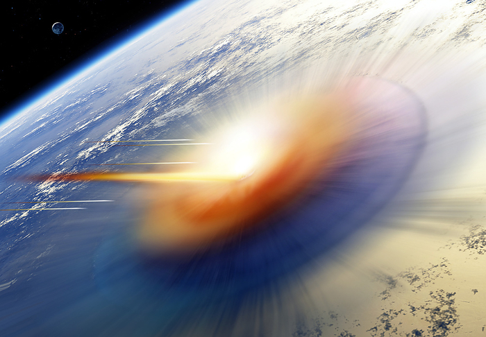 Asteroid impacting the Earth, illustration Asteroid impacting the Earth, illustration. The impact of a large asteroid like this is a catastrophic event that causes global devastation and mass extinction as water vapour or dust thrown into the atmosphere lowers global temperatures. Several mass extinctions in Earth s history are thought to have been caused by an asteroid impact. The most recent being the extinction of the dinosaurs 65 million years ago., by DETLEV VAN RAVENSWAAY SCIENCE PHOTO LIBRARY