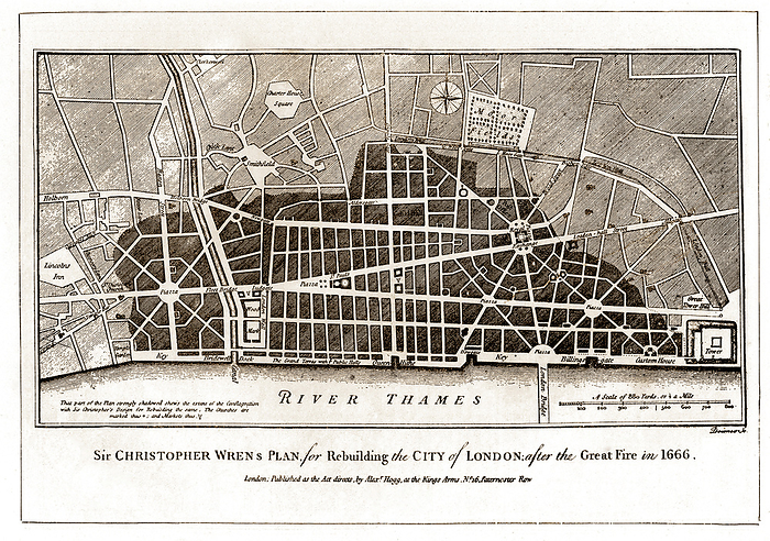 Wren s plan after the great fire, illustration Architect Sir Christopher Wren s plan for the rebuilding the city of London after the Great Fire in 1666. Wren,  1632 1723  , the famous English Baroque architect, was also an astronomer, geometrician and founder and president of the Royal Society. His plan included replacing the narrow and winding streets of old London with wider avenues. With a lack of financing it was not chosen by Charles II. However, he was commissioned to build his most famous building, St. Paul s Cathedral. This replaced the medieval church destroyed in the Great Fire. He also designed and built 53 London churches. Much of the land in the City of London was in private ownership. The winding streets of were quickly restored in rebuilt London by the owners of the land., by SHEILA TERRY SCIENCE PHOTO LIBRARY