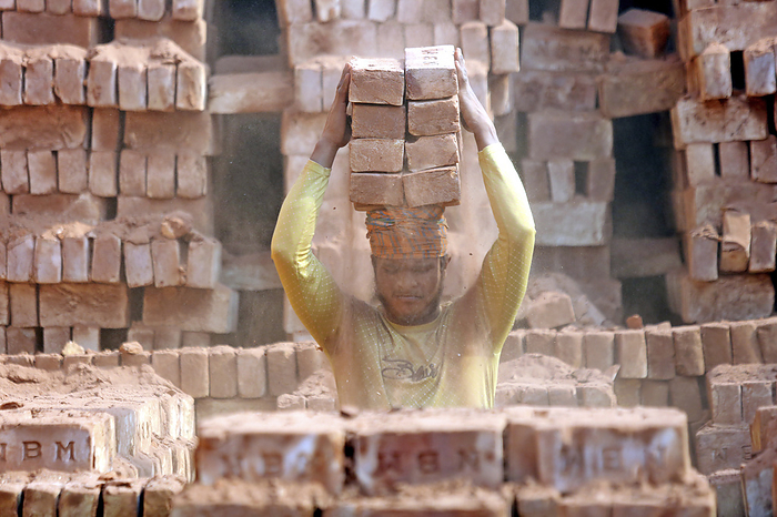 Labourer working in brickyard, Bangladesh Labourers working in a brickyard in Dhaka, Bangladesh. Rapid urbanisation in Bangladesh is generating huge demand for bricks.  Much of the soil used for brick making is taken from agricultural land. This topsoil extraction leads to a decrease in the fertility of the land, impacting agricultural productivity. Brick kilns are also a significant contributor to air pollution in Bangladesh, which is rated as one of the most polluted countries in the world by the Air Quality Life Index  AQLI ., by HABIBUR RAHMAN SCIENCE PHOTO LIBRARY