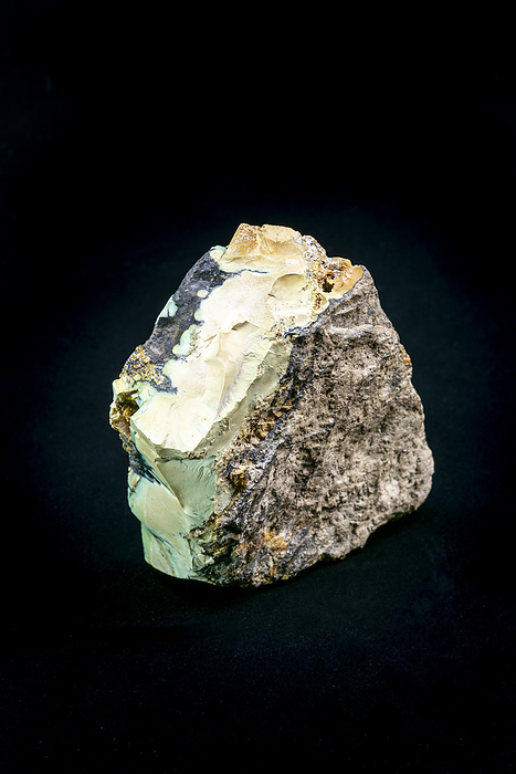 Variscite semi precious mineral Rock core with a vein of variscite, a green semi precious mineral, found in the Neolithic Gava Mines, Barcelona, Catalonia, Spain. Variscite was mined here between 4200 and 3400 BCE. It was used to make jewellery and was traded across the Western Mediterranean., by MARCO ANSALONI   SCIENCE PHOTO LIBRARY