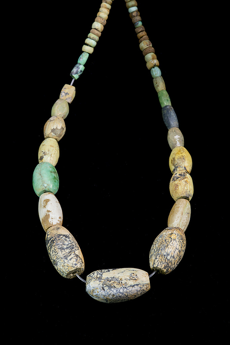 Neolithic variscite necklace Variscite necklace found in excavations around the Gava variscite mines which were active between 4200 and 3400 BCE  Neolithic period  in Barcelona, Catalonia, Spain. Variscite is a semi precious green mineral that was used to craft jewellery such as this and was traded across the western Mediterranean., by MARCO ANSALONI   SCIENCE PHOTO LIBRARY