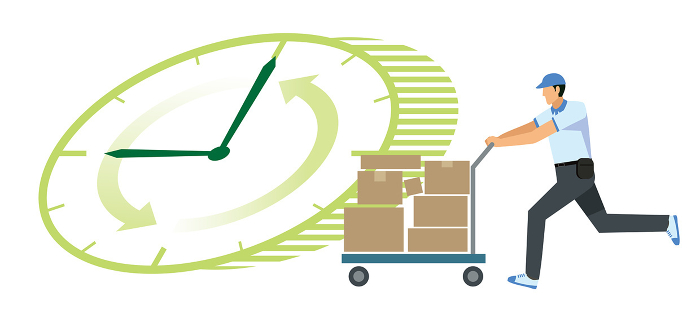 Clock background illustration of a Japanese man at 8th magnitude carrying a package on a cart flat design delivery transportation courier logistics image