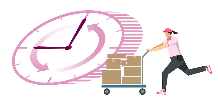 Illustration of Japanese woman at 8th magnitude carrying a package on a cart clock background flat design delivery transportation courier logistics image