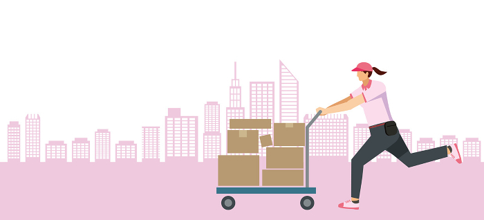 Illustration of Japanese woman at 8th magnitude carrying a package on a cart, cityscape background, flat design, delivery, transportation, courier, logistics image.