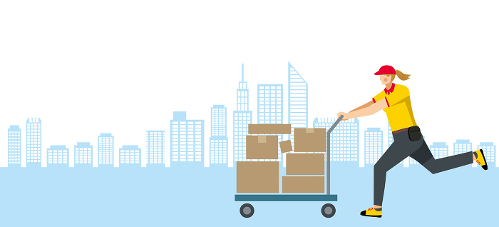 Illustration of 8th magnitude Caucasian woman carrying a package on a cart, cityscape background, flat design, delivery, transportation, courier, logistics image.