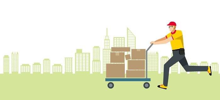 Illustration of 8th magnitude Caucasian man carrying a package on a cart, cityscape background, flat design, delivery, transportation, courier, logistics image.