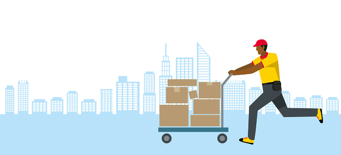 Illustration of black man of 8th magnitude carrying a package on a cart, cityscape background, flat design, delivery, transportation, courier, logistics image.
