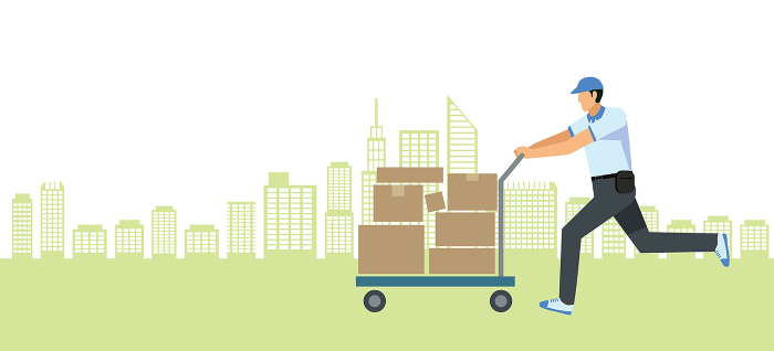 Illustration of Japanese man at 8th magnitude carrying a package on a cart, cityscape background, flat design, delivery, transportation, courier, logistics image.