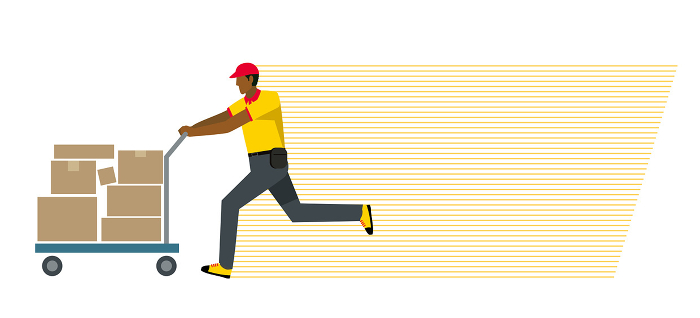 Illustration of black man of 8th magnitude carrying a package on a cart, speedline background, flat design, delivery, transportation, courier, logistics.