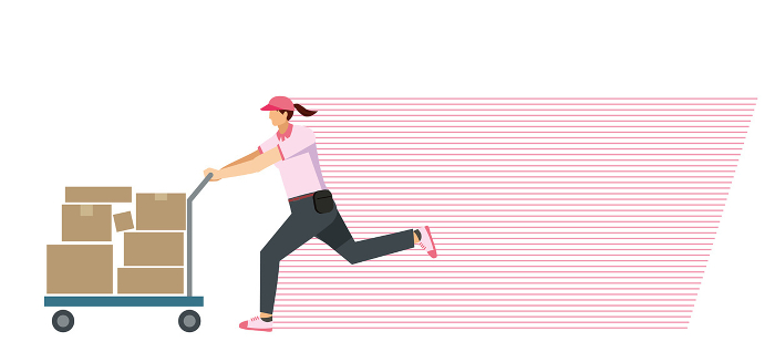 Illustration of Japanese woman at 8th magnitude carrying a package on a cart speedline background flat design delivery transportation courier logistics