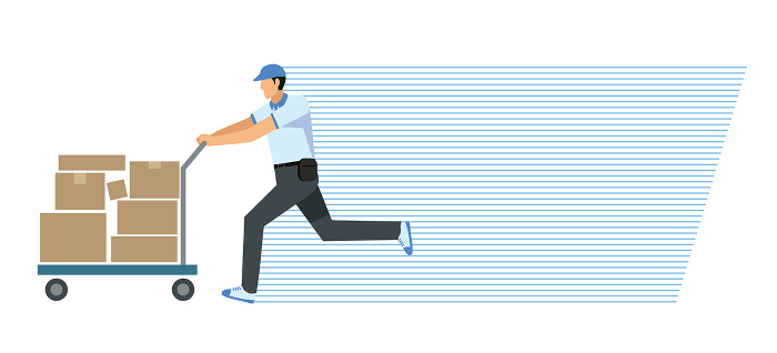 Illustration of Japanese man at 8th magnitude carrying a package on a cart speedline background flat design delivery transportation courier logistics