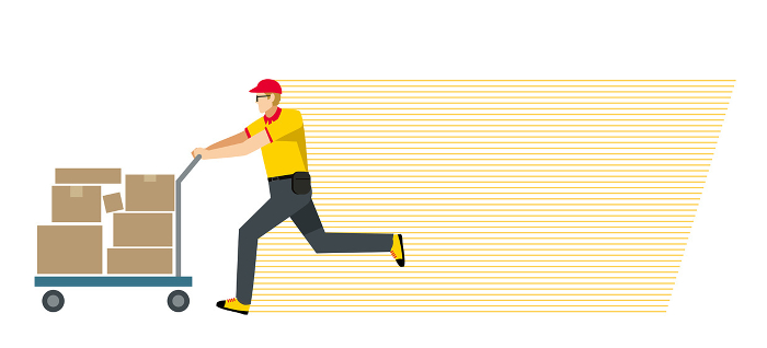 Clip art speedline background of 8th magnitude Caucasian male carrying a package on a cart, flat design delivery, transportation, courier, logistics.