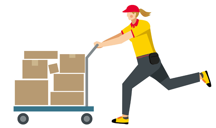 Clip art of white woman of 8th magnitude carrying a package on a cart, white background, flat design, delivery, transportation, courier, logistics image.