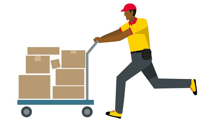 Illustration of black man of 8th magnitude carrying a package on a cart, white background, flat design, delivery, transportation, courier, logistics.