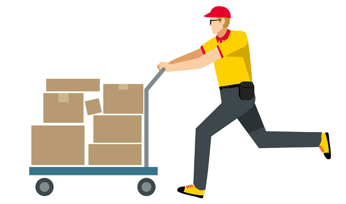 Clip art of white man of 8th magnitude carrying a package on a cart, white background, flat design, delivery, transportation, courier, logistics image.