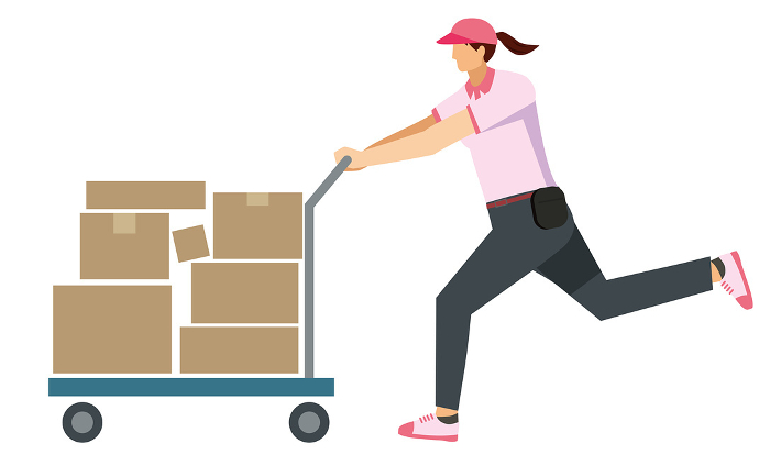 Illustration of Japanese woman of 8th magnitude carrying a package on a cart, white background, flat design, delivery, transportation, courier, logistics.