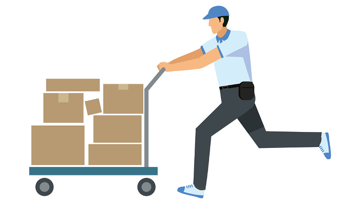 Illustration of Japanese man at 8th magnitude carrying a package on a cart, white background, flat design, delivery, transportation, courier, logistics.