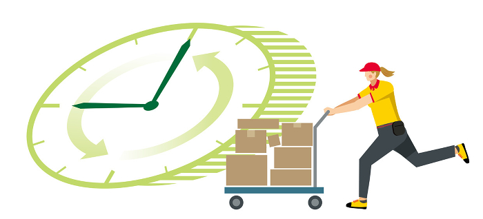 Clock background illustration of 8th magnitude Caucasian woman carrying a package on a cart flat design delivery transportation courier logistics image