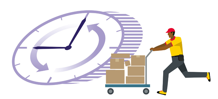 Illustration of black man of 8th magnitude carrying a package on a cart clock background flat design delivery transportation courier logistics image.