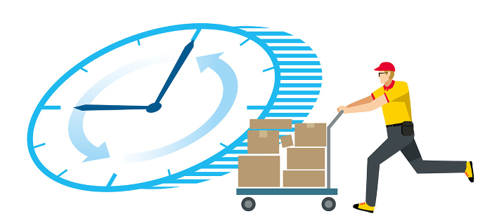 Clock background illustration of an 8th magnitude Caucasian man carrying a package on a cart flat design delivery transportation courier logistics image.