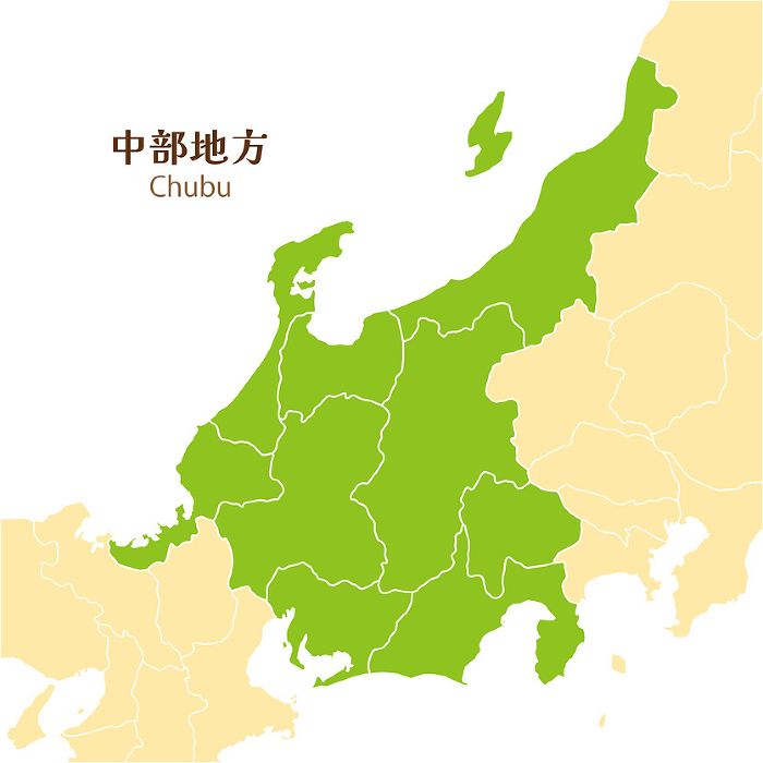 Maps of the Chubu region, the prefectures of the Chubu region and surrounding areas, cute pastel-colored maps