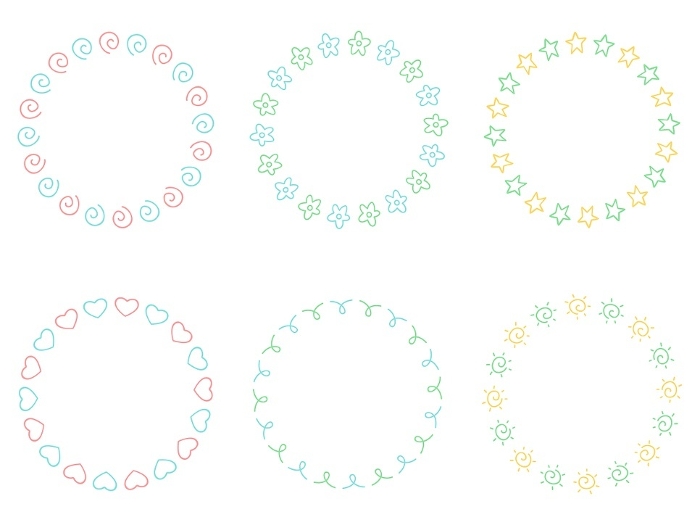 Set of hand-drawn circular frames, simple pattern, spring color scheme