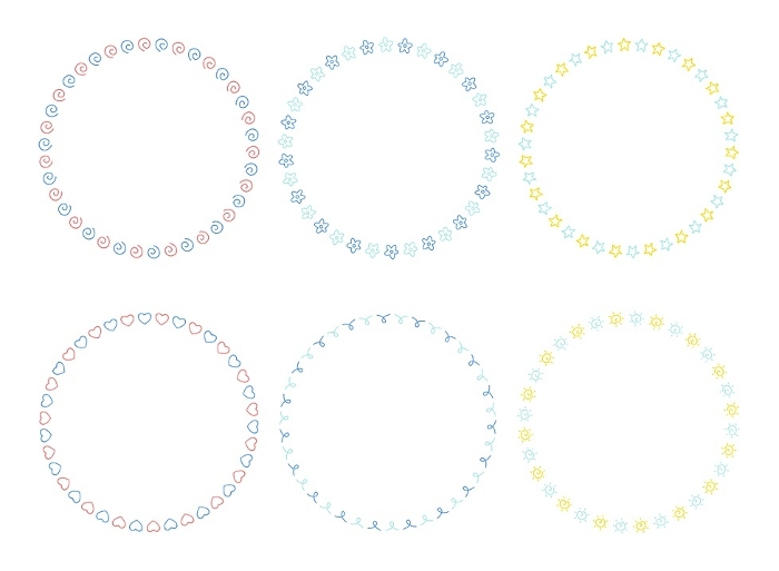 Set of hand-drawn circular frames, simple pattern, summer color scheme