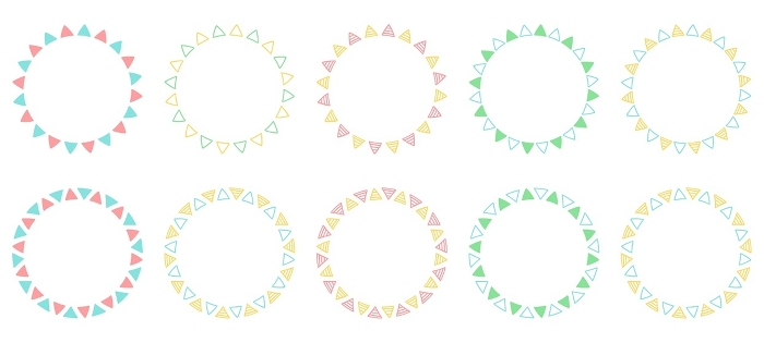 Circular frameset with hand-drawn triangular pattern, triangular decorative frames, spring color scheme