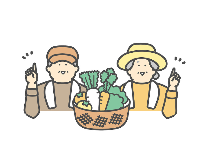 Elderly couple working on a farm, smiling and pointing, harvesting vegetables