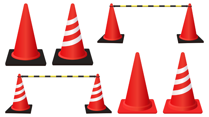 Illustration set of realistic red color cones, corn bar, stripes, triangle cone
