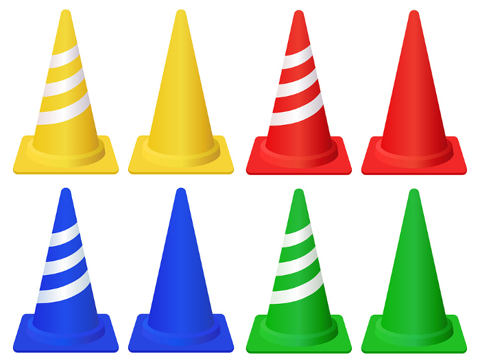 Clip art set of realistic color cone red yellow blue green stripes