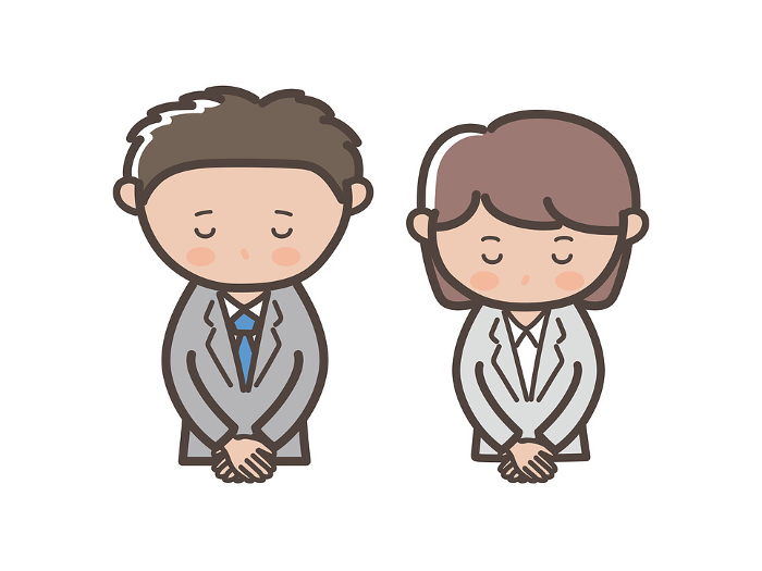 Clip art of upper body of male and female businessmen bowing, bowing, and apologizing.