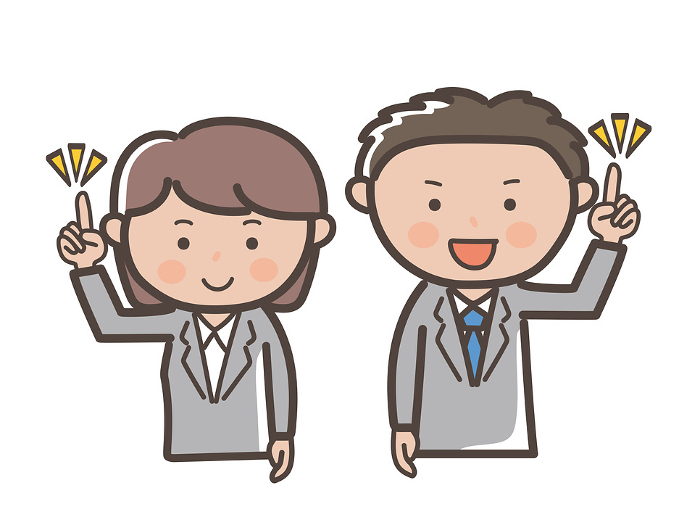 Illustration of upper body of male and female businessmen explaining points