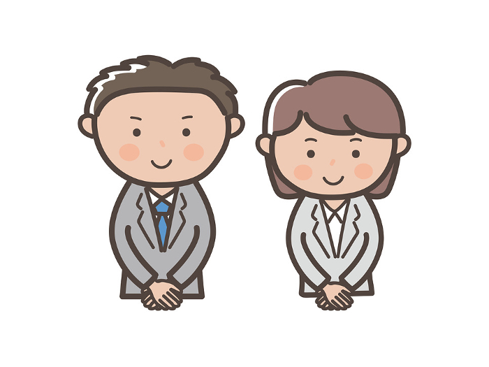 Illustration of upper body of male and female businessmen and women facing front with hands folded in front of them.