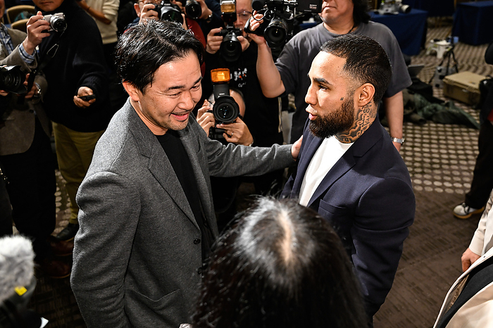 Neri and Shinsuke Yamanaka  reconcile  Challenger Mexico s Luis Nery  R  talks with Japanese former professional boxer Shinsuke Yamanaka after a press conference to announce his WBC, WBO, WBA  Super , IBF super bantamweight titles bout against world champion Japan s Naoya Inoue  not pictured  which will be held at Tokyo Dome on May 6, at Tokyo Dome Hotel in Tokyo, Japan on March 6, 2024.  Photo by Hiroaki Yamaguchi AFLO 