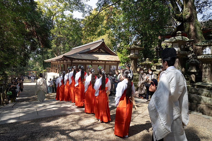 Kasuga Taisha shrine Otaue ritual Nara City, Nara Pref. Group heading for Enomoto Shrine