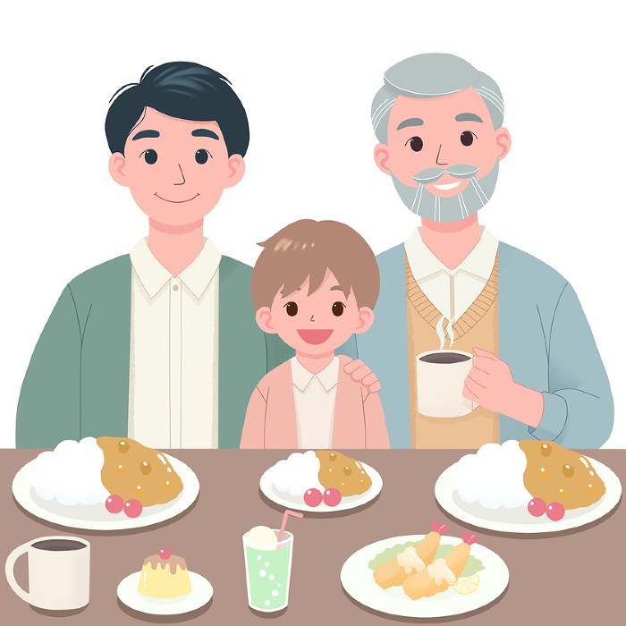 Curry, a meal for three generations of parents and children, hand-drawn illustration