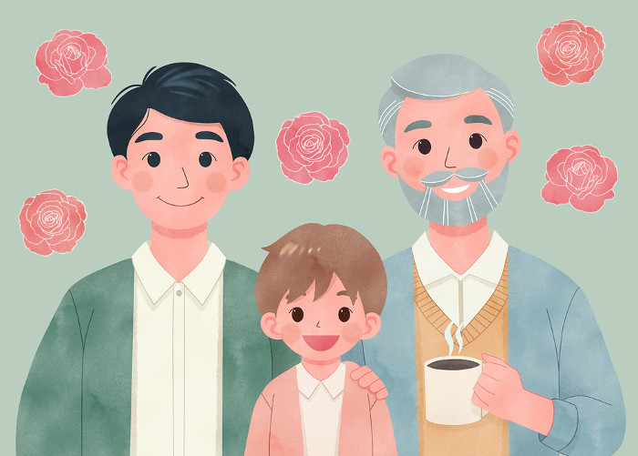 Parent-child 3 generations Father's Day Watercolor illustration