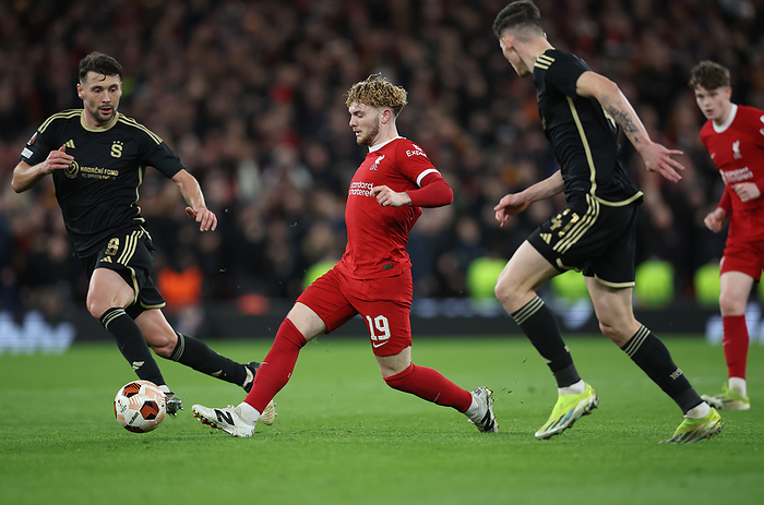 Liverpool FC v AC Sparta Praha: Round of 16 Second Leg   UEFA Europa League 2023 24 Harvey Elliott of Liverpool in action with Kaan Kairinen of Sparta Prague during the UEFA Europa League 2023 24 1st knockout round second leg match between Liverpool FC and AC Sparta Praha at Anfield on March 14, 2024 in Liverpool, England.  WARNING  This Photograph May Only Be Used For Newspaper And Or Magazine Editorial Purposes. May Not Be Used For Publications Involving 1 player, 1 Club Or 1 Competition Without Written Authorisation From Football DataCo Ltd. For Any Queries, Please Contact Football DataCo Ltd on  44  0  207 864 9121