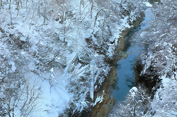 Snowy landscape of Koan Gorge, Yuzawa City, Akita Prefecture, Japan, created on March 17