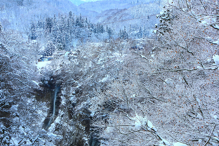 Snowy landscape of Koan Gorge, Yuzawa City, Akita Prefecture, Japan, created on March 17