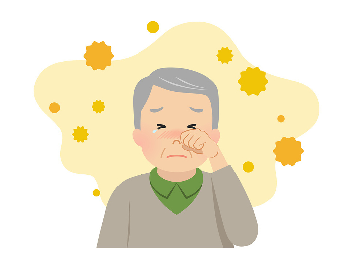 Senior man with hay fever symptoms_vector illustration