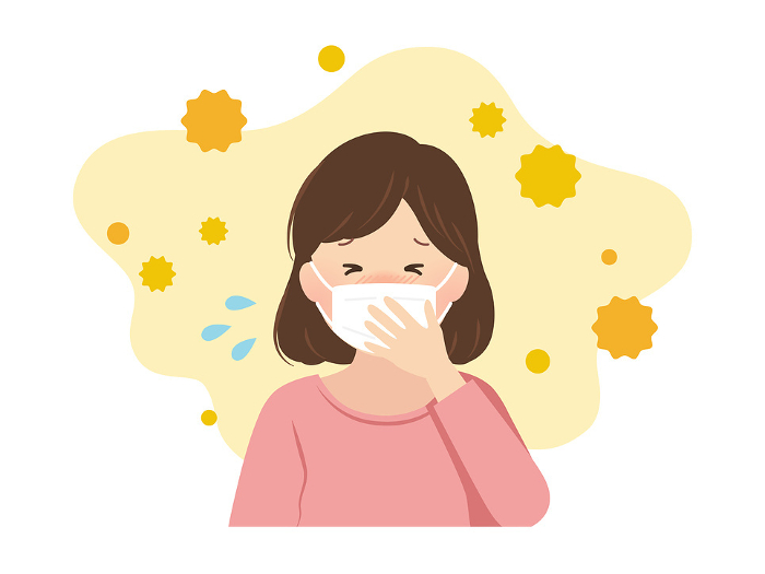 Woman with hay fever symptoms (with mask) _vector illustration