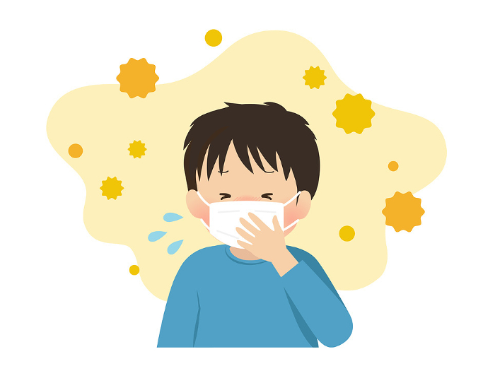 Boy with hay fever symptoms (with mask) _vector illustration